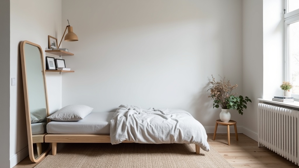 Small Scandinavian bedroom with wall lamp, leaning mirror and low oak bed