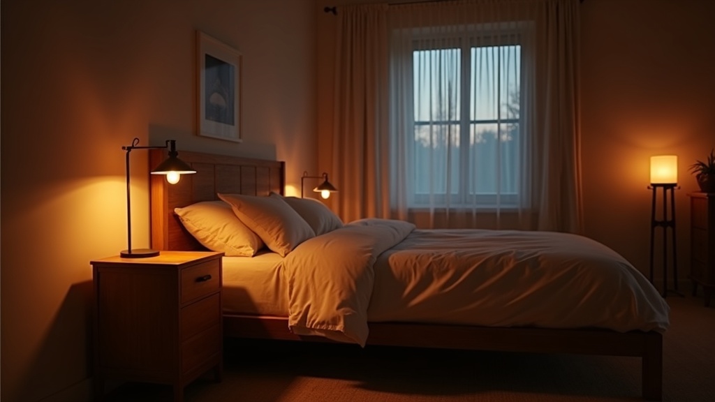 Layered warm lighting in a Nordic bedroom with pendant lamps and floor lamp
