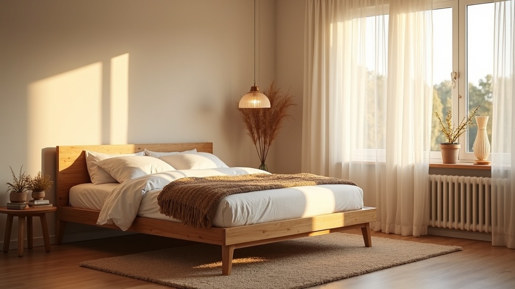 Scandinavian bedroom with warm lighting, white linen and oak wood tones