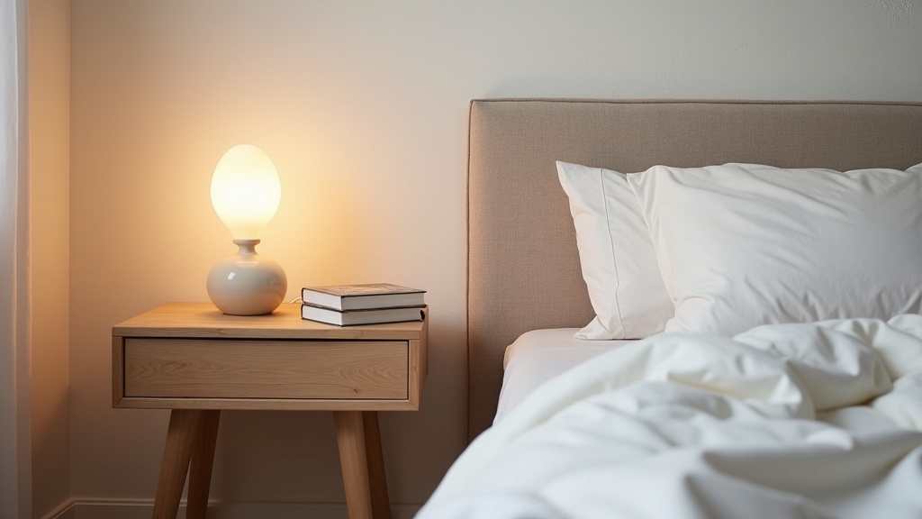Birch wood nightstand with ceramic lamp and linen bedding in a Nordic bedroom