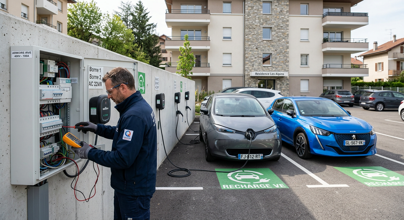 Borne de recharge électrique en copropriété avec un installateur certifié contrôlant un tableau électrique sur un parking.