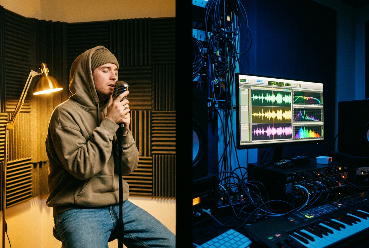 alt text: Split-screen showing a rapper performing into a microphone on one side and a computer screen displaying AI waveform analysis on the other, moody studio lighting with blue and red tones