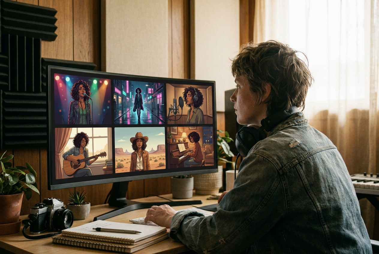 alt text: A musician scrolling through multiple AI-generated music video scenes on a large monitor, each frame showing the same character in different visual settings maintaining consistent identity