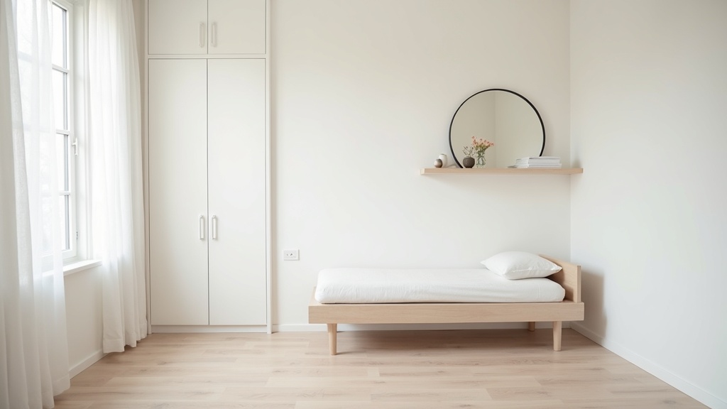 Small minimalist bedroom with floor-to-ceiling wardrobe and visible floor space