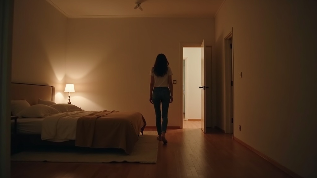 Adult entering a calm minimalist bedroom at dusk