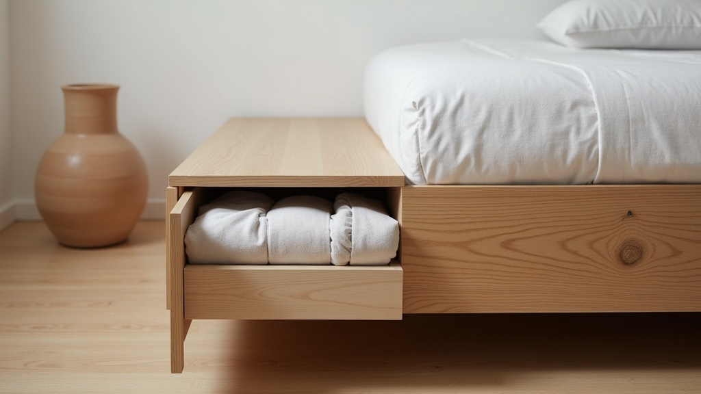 Low platform bed with integrated under-bed storage in a minimalist bedroom