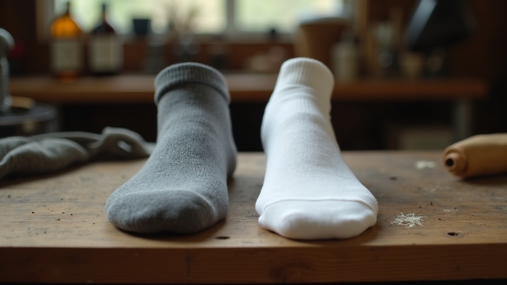 Merino wool work sock compared to thin cotton athletic sock on a workbench