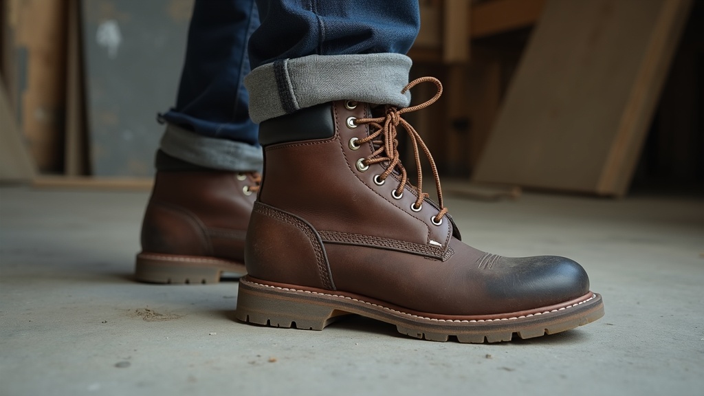 Merino wool work sock being put into a steel-toe work boot on a jobsite