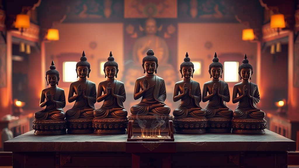 Cinq statues bouddhistes aux mudras distincts représentant les cinq Bouddhas patriarches