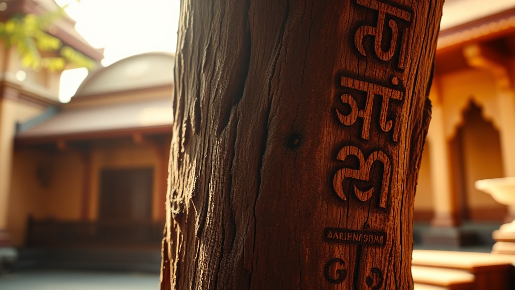 Détail d'un tronc de Bodhi ancien avec inscriptions sanskrites dans un temple bouddhiste