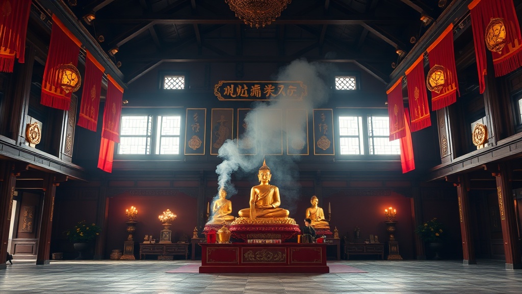 Autel principal de la grande salle du Bouddha au temple Hongfa avec trois statues en bronze doré