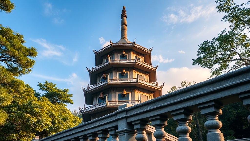 Pagode à sept étages du temple Hongfa avec cloches en bronze et végétation tropicale environnante