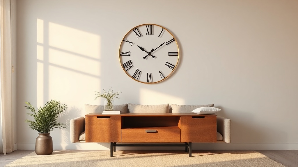 Large gold metal ring wall clock with no numbers above a wooden console in a minimalist living room