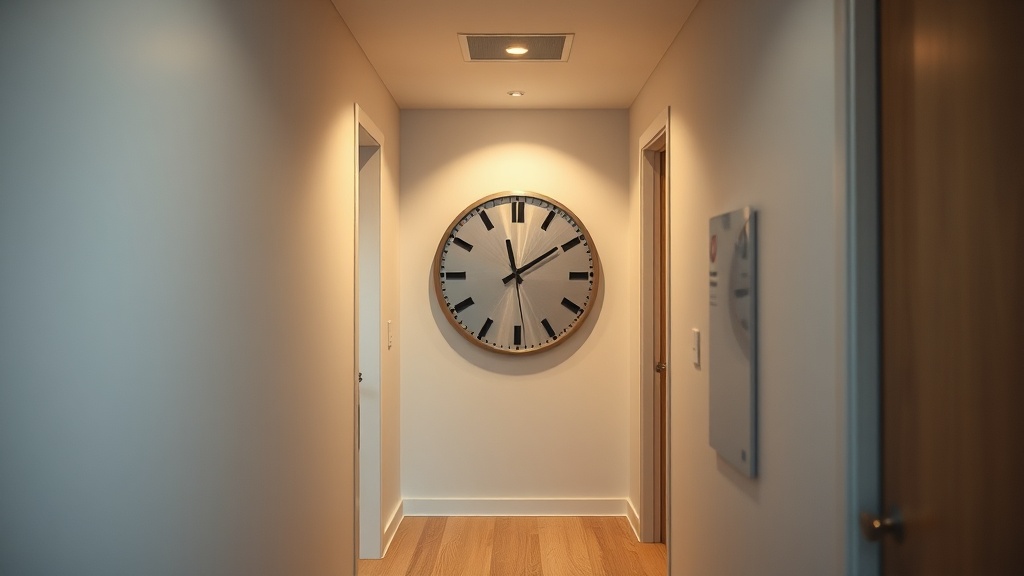 Brushed steel numberless wall clock in a modern hallway, warm ambient light, light oak floor
