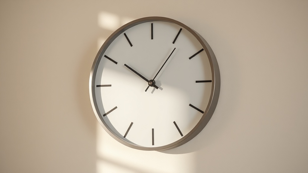 Minimalist round metal wall clock with no numbers, slim baton hands on matte white face, Scandinavian interior