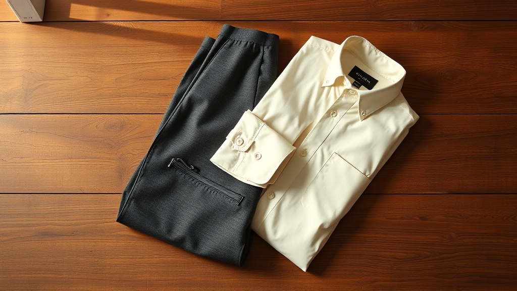 Ivory Oxford cloth shirt folded next to charcoal wool flannel trousers on a wooden surface