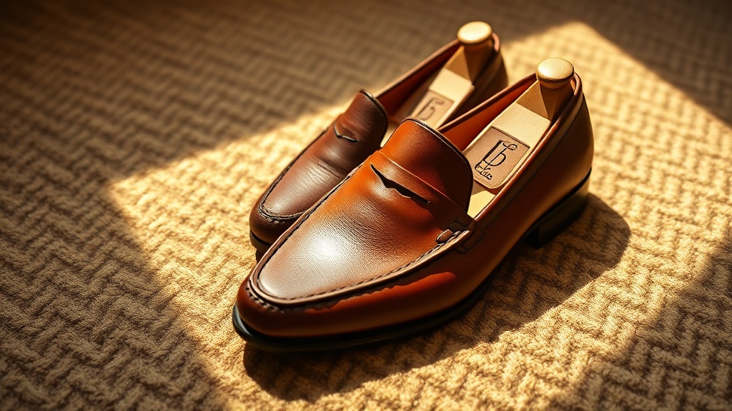 Dark tan leather loafers with cedar shoe trees on a herringbone wool rug
