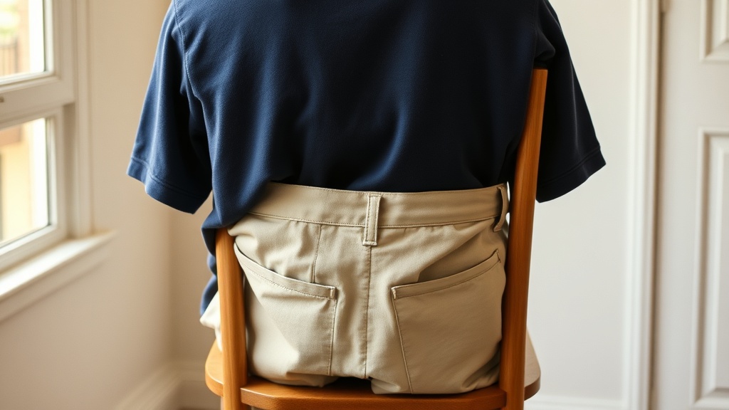 Navy fine knit polo draped over a wooden chair beside stone cotton chinos in a warm interior