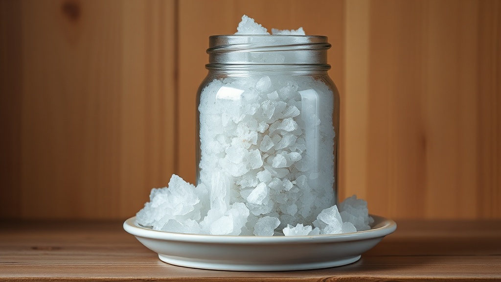 Glass jar showing thick crystallized salt crust overflowing onto a tray beneath, sign of an active feng shui salt cure