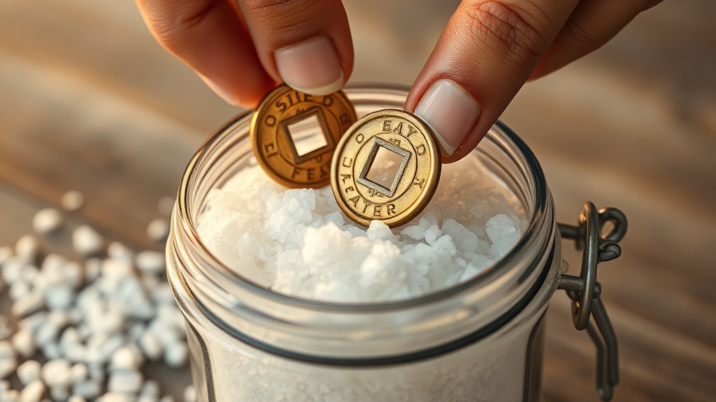 Hands placing Chinese brass I Ching coins onto coarse sea salt inside a glass jar for a feng shui salt water cure