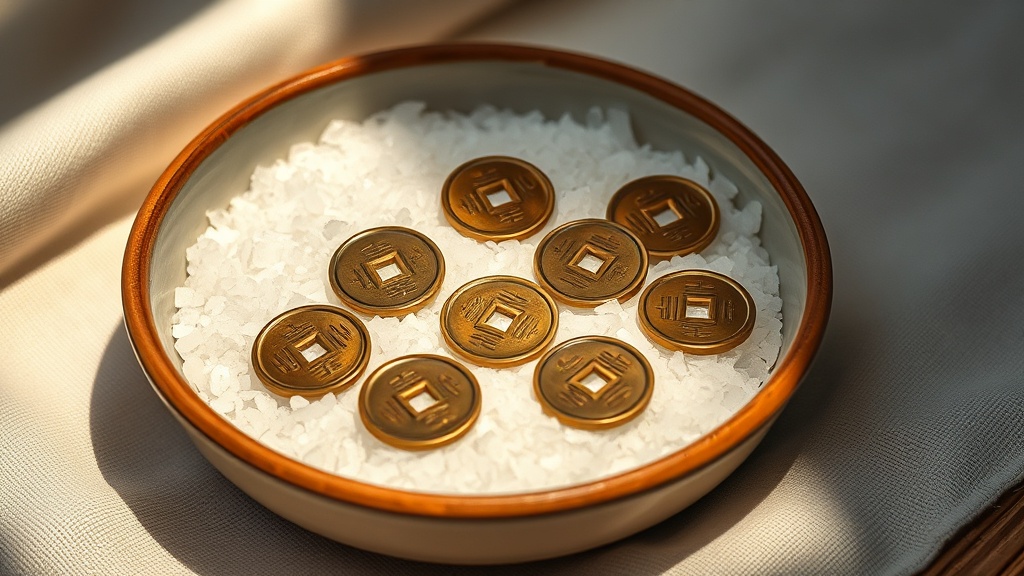 Ceramic bowl with coarse sea salt and six Chinese brass coins arranged on the surface, feng shui salt cure setup