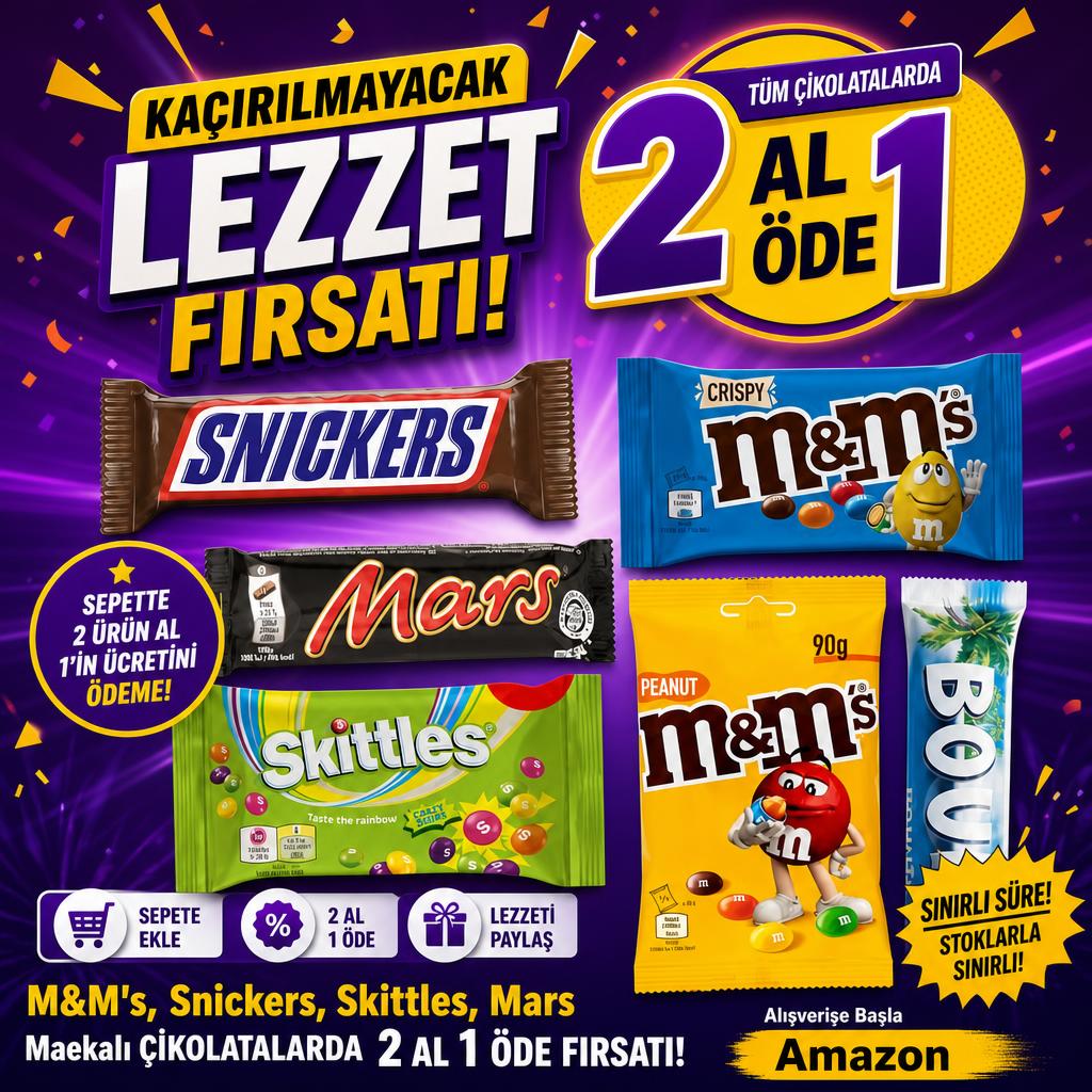 M&M's, Snickers, Skittles, Mars Maekalı ÇİKOLATALARDA 2 AL 1 ÖDE FIRSATI!