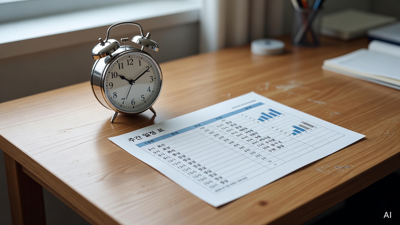 simple alarm clock and a small chart on a wooden desk, seen from above