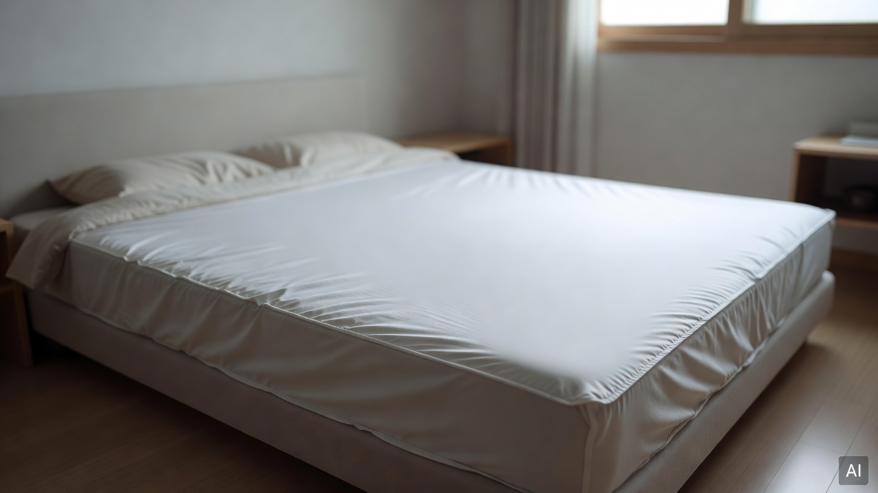 child-sized bed with a waterproof mattress protector laid out neatly in a tidy bedroom