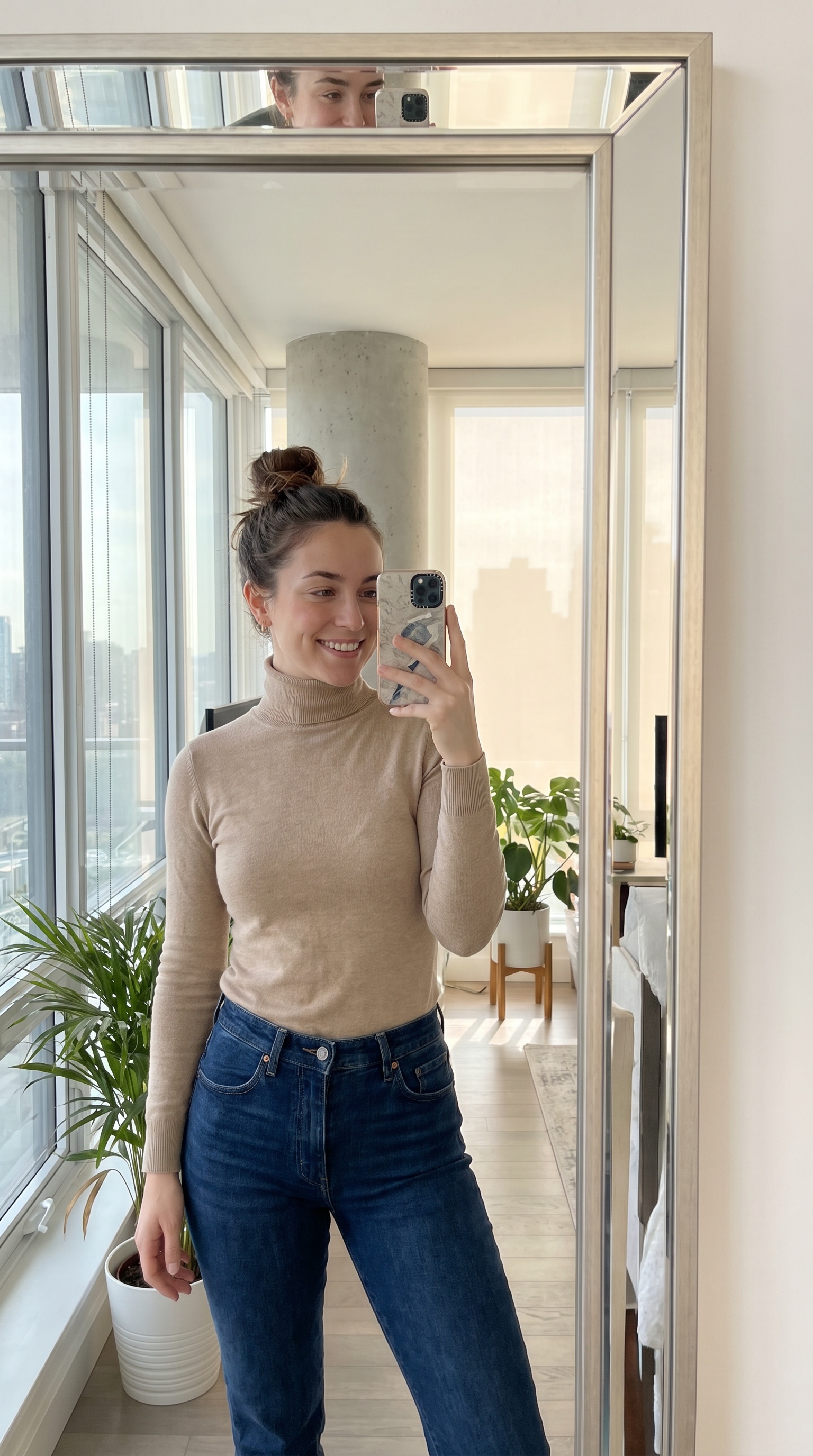 AI-generated mirror selfie in a modern apartment