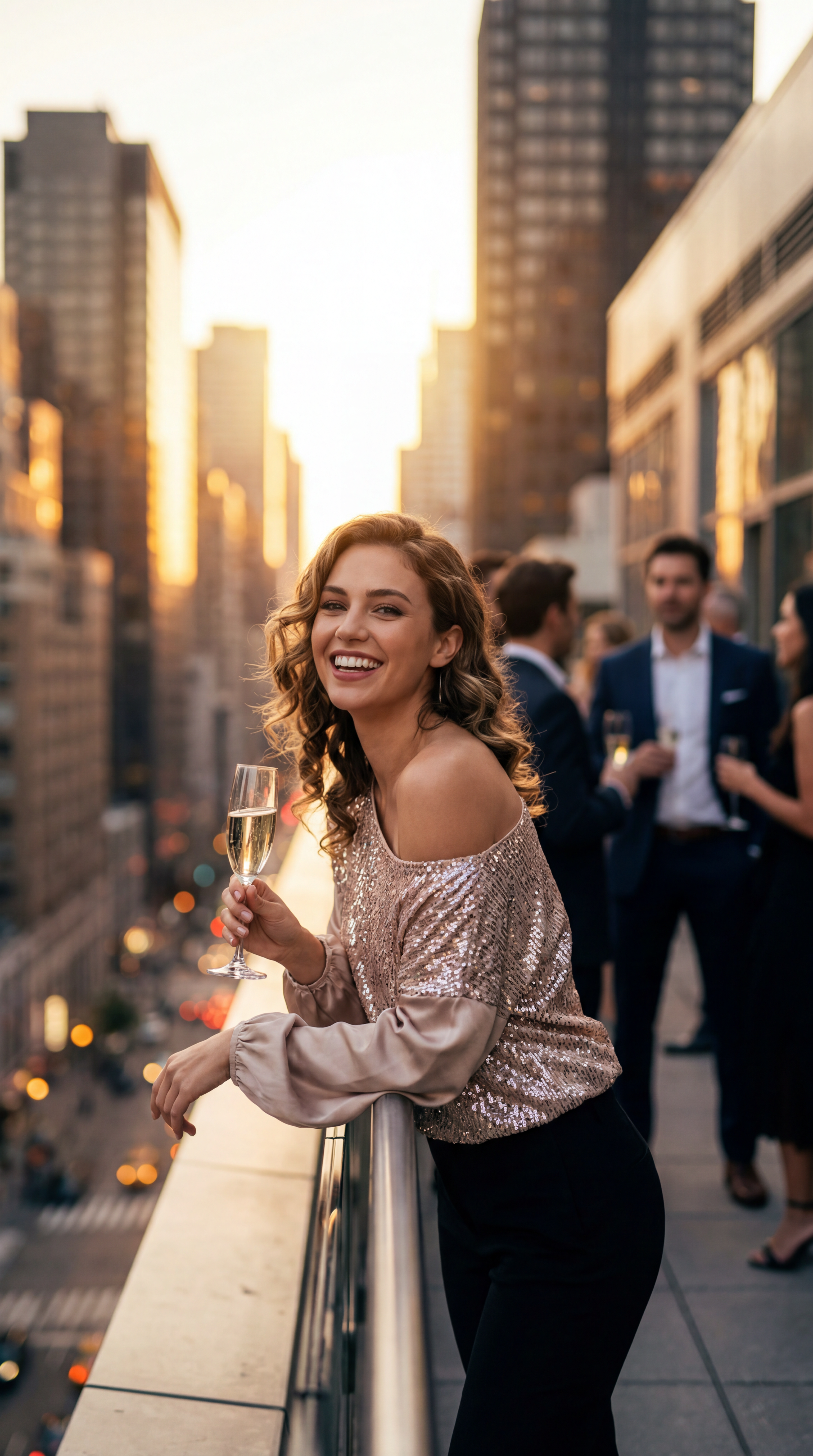 AI-generated rooftop party at golden hour