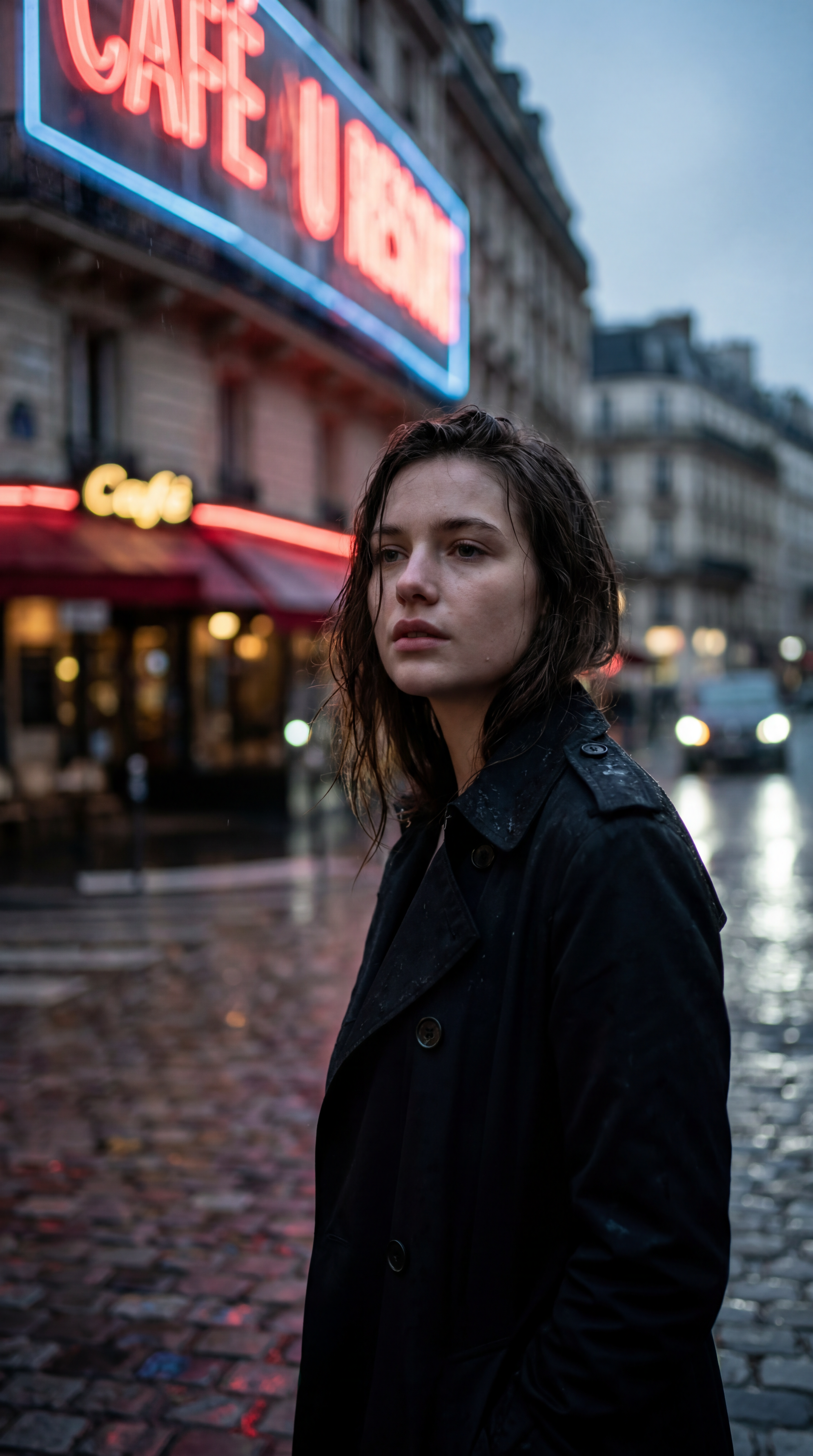 AI-generated moody Paris street at night in the rain