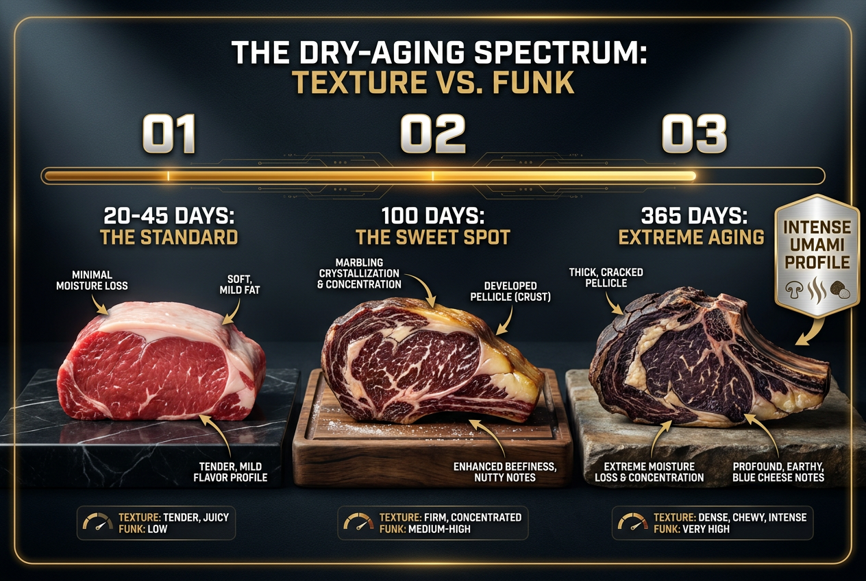 Technical infographic comparing dry-aged beef stages in Barcelona restaurants, from 20-day standard aging to 365-day extreme aged ox meat.