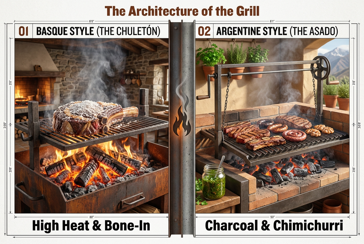 Comparison of Basque style chuletón and Argentine asado grilling techniques used in Barcelona's top meat restaurants and steakhouses.