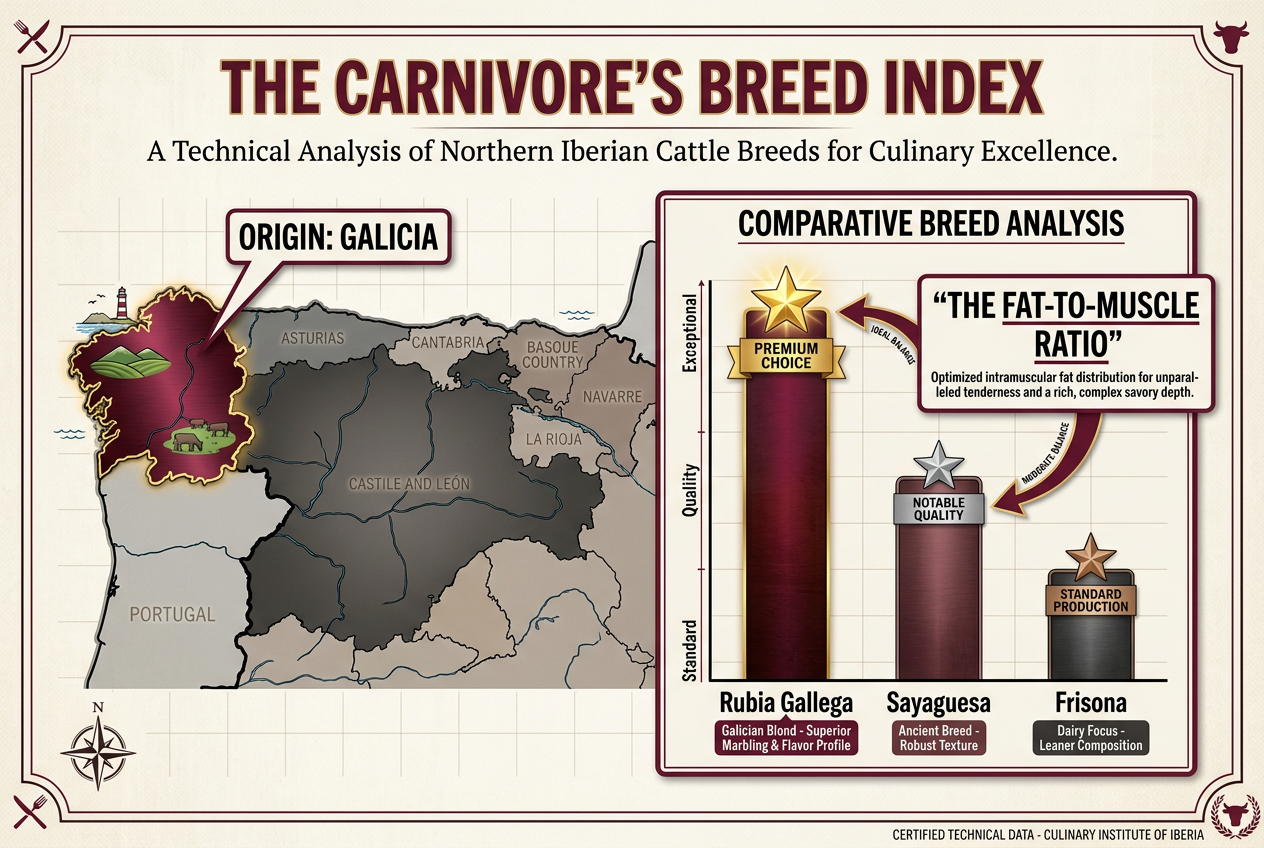 Data-driven breed index comparing Rubia Gallega, Sayaguesa, and Frisona cattle breeds commonly served in Barcelona meat restaurants.