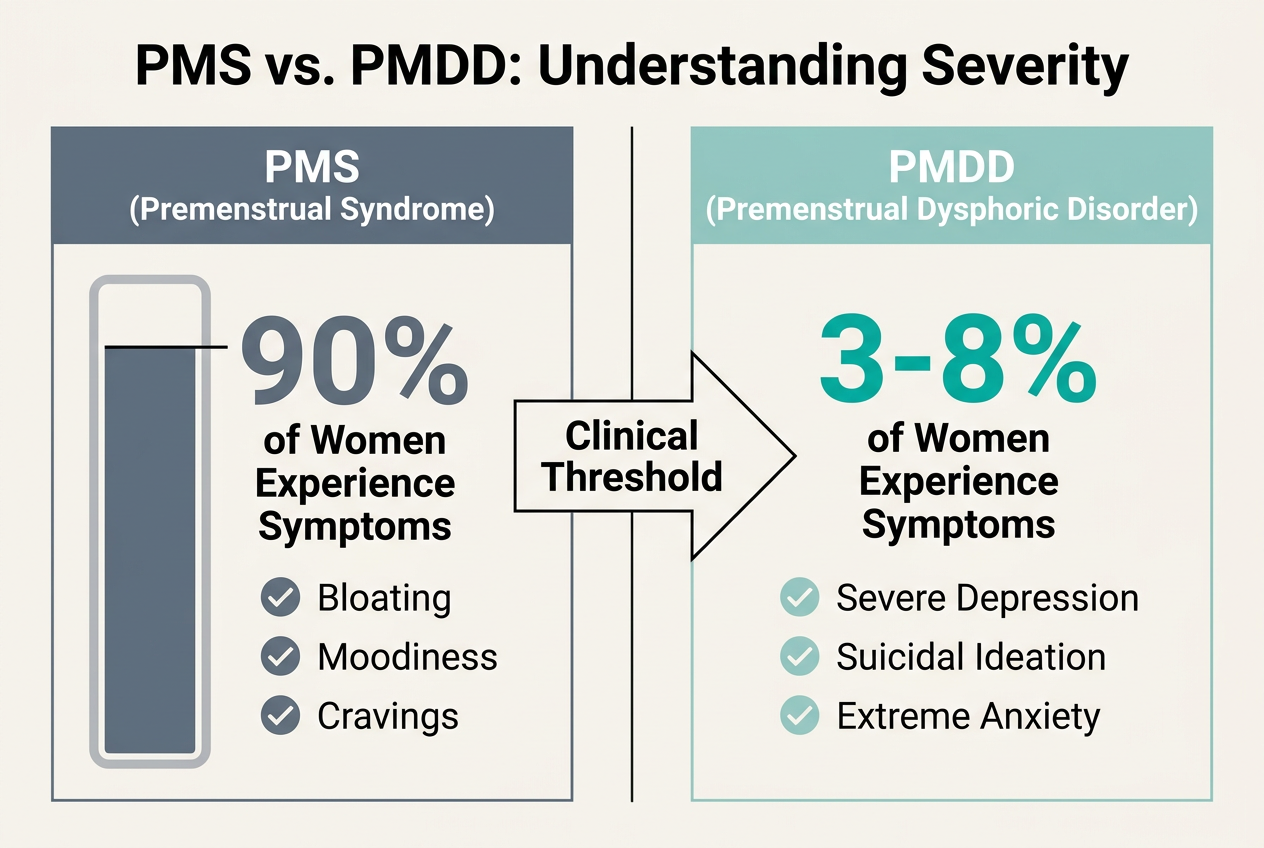 Comparison chart showing the differences between PMS and PMDD symptoms and the 90 percent prevalence rate of PMS symptoms in women.
