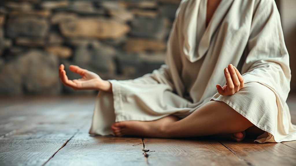 Mains de femme en mudra de méditation dans un cadre monastique bouddhiste
