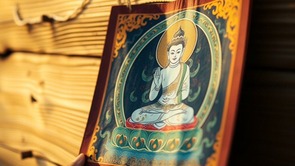 Detail of a Tibetan thangka painting showing a white tantric deity in lotus posture with traditional iconographic colors