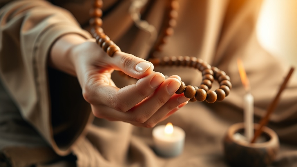 Practitioner's hands counting a 108-bead Tibetan wooden mala during mantra recitation, candlelight background