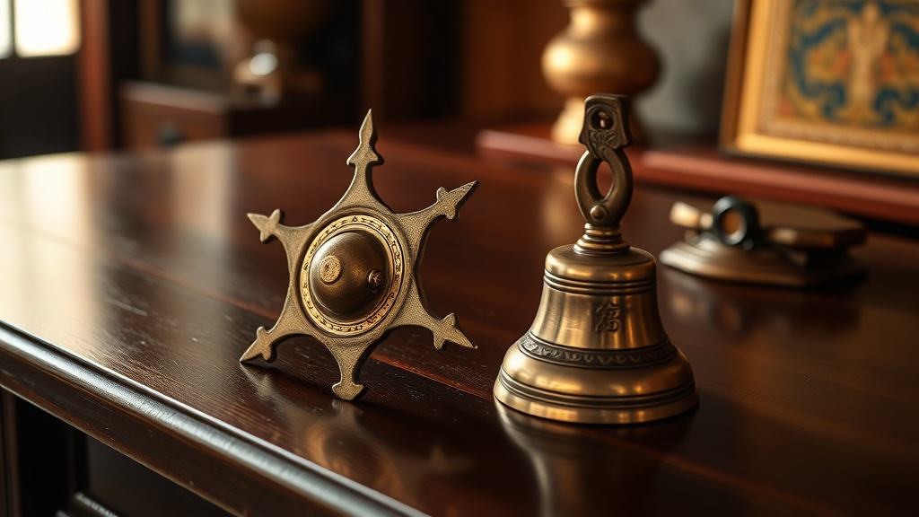 Brass five-pronged vajra and bronze ritual bell placed on a wooden altar surface in soft warm light