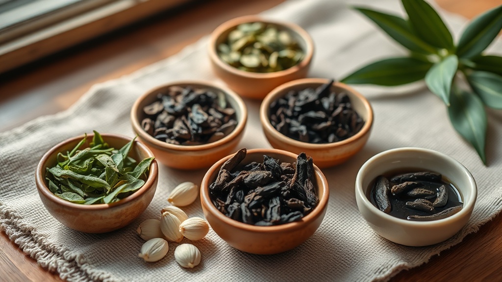Différentes variétés de thé : vert, noir, blanc et oolong dans des bols en céramique
