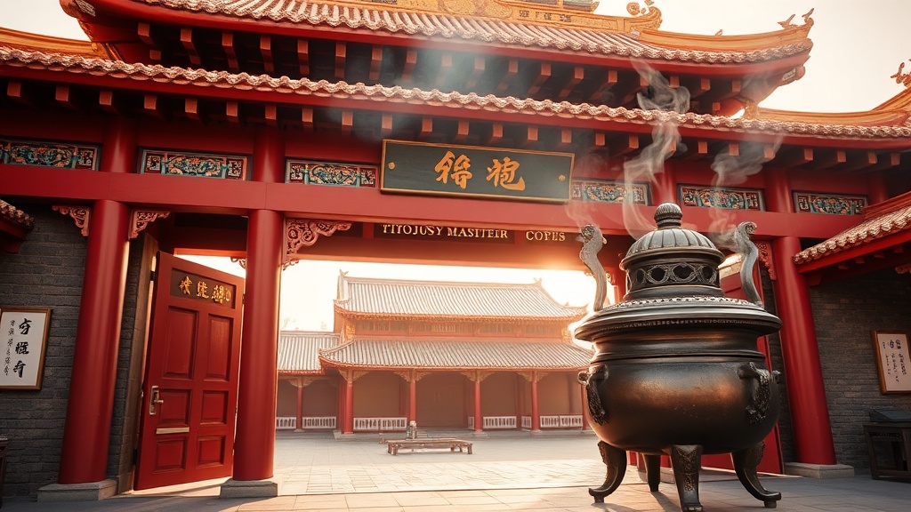 Entrée du monastère Dabei à Tianjin, architecture bouddhiste traditionnelle avec toits dorés et encensoir en bronze