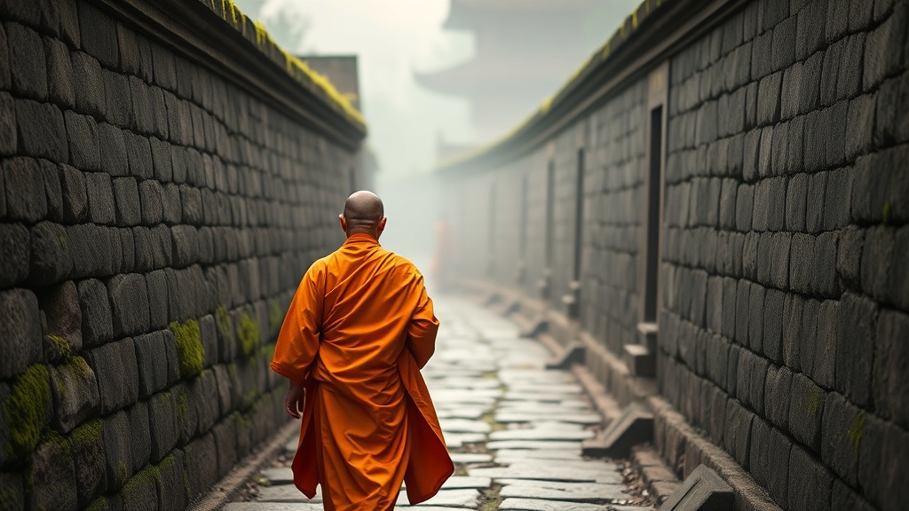 Moine bouddhiste de dos sur un chemin de pierre entre les murs d'un temple chinois baigné de brume matinale