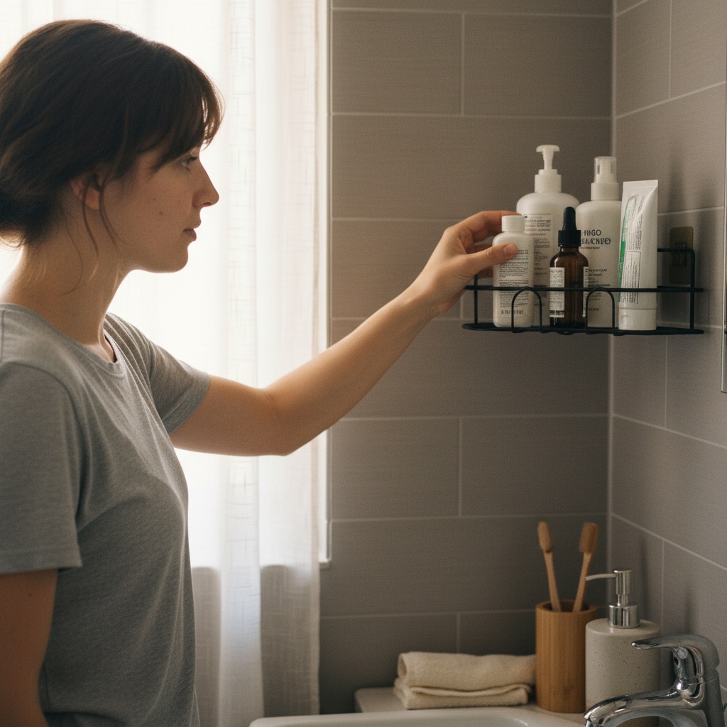 Customer installing Shelft caddy on bathroom tile wall