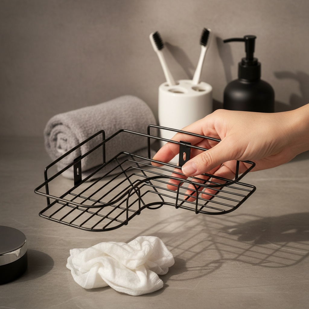 Customer's organized shower with Shelft caddy holding multiple bottles