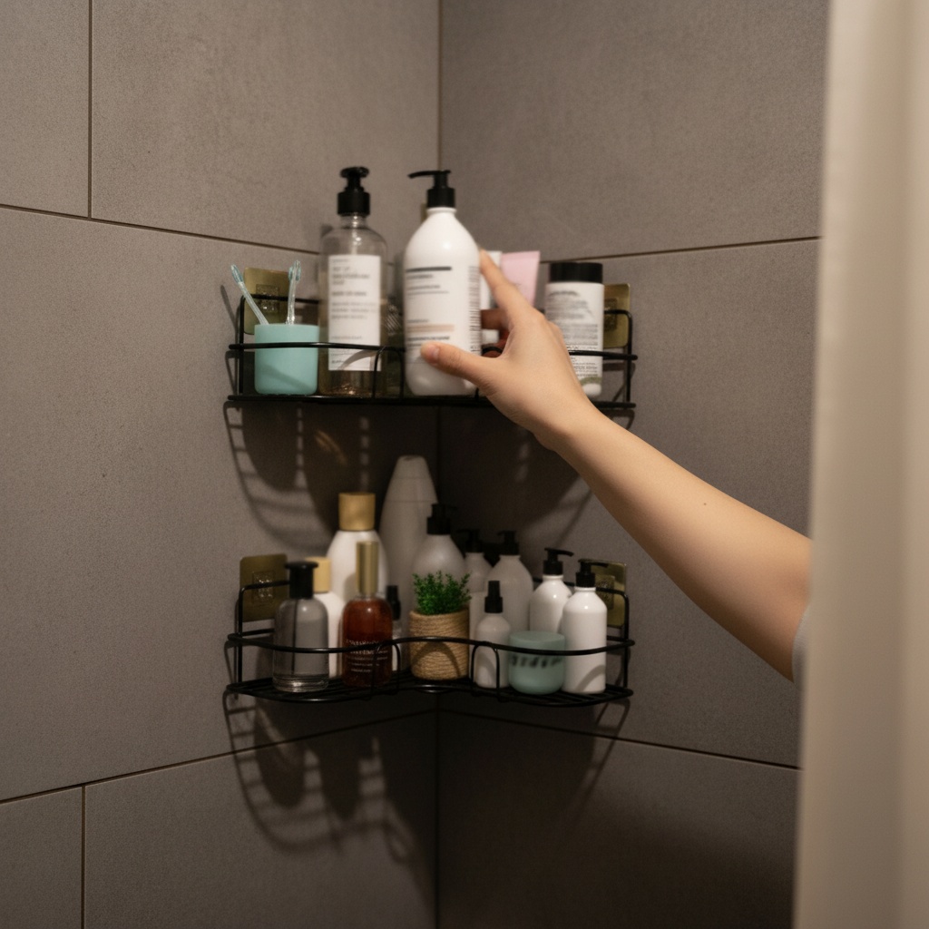 Customer's organized shower with Shelft caddy holding multiple bottles