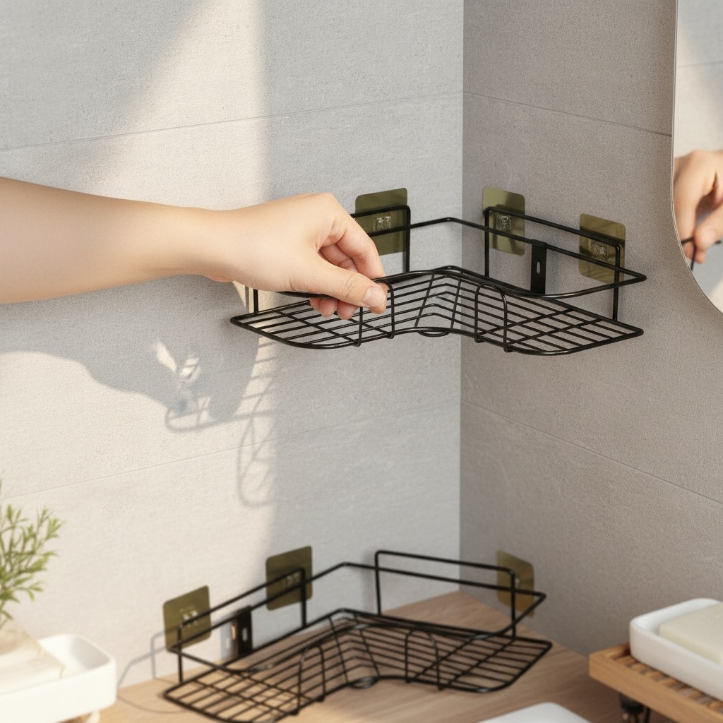 Shelft caddy loaded with full-size shampoo and conditioner bottles