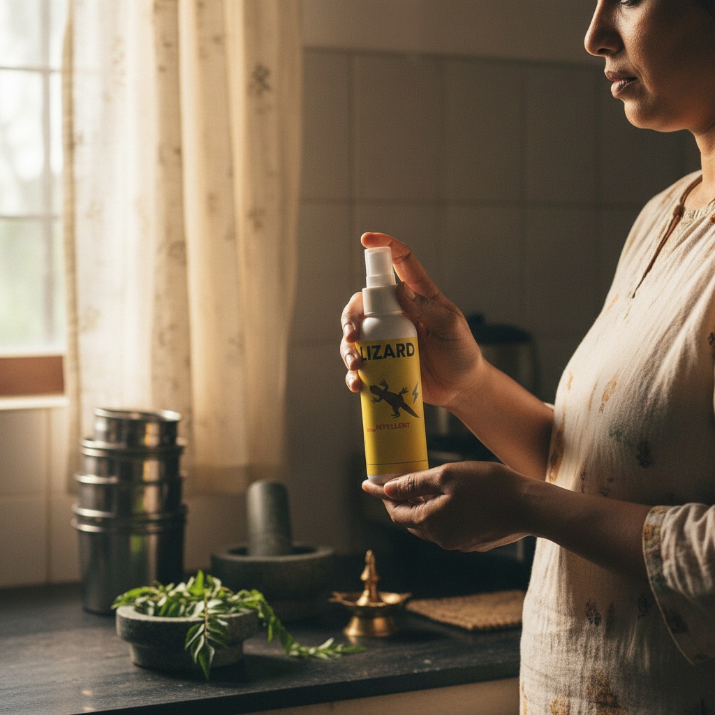 Happy customer holding LizardGone bottle in bedroom