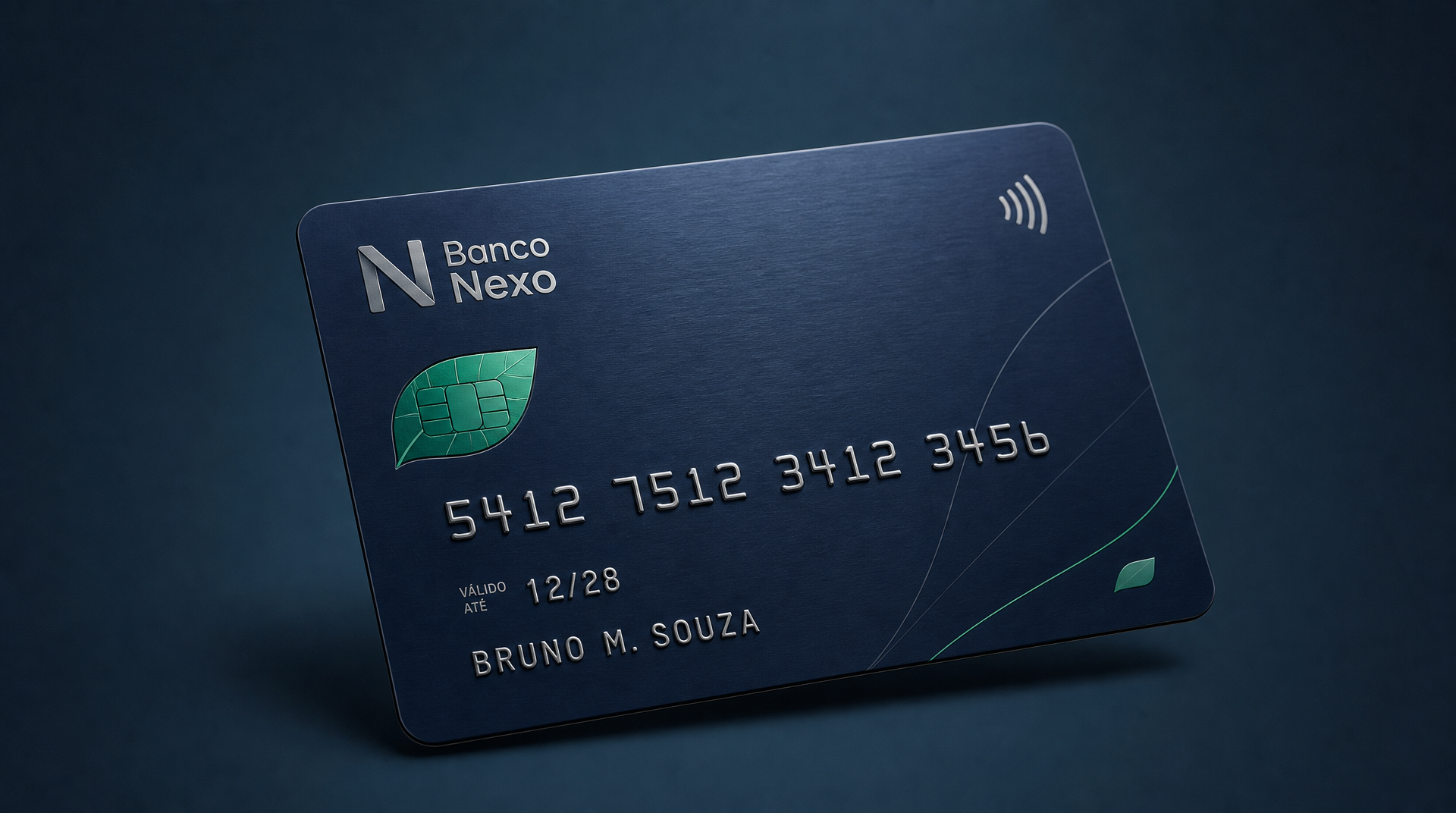 Cartão de crédito Banco Nexo, com chip estilizado em folha verde, número 5412 7512 3412 3456 e nome BRUNO M. SOUZA