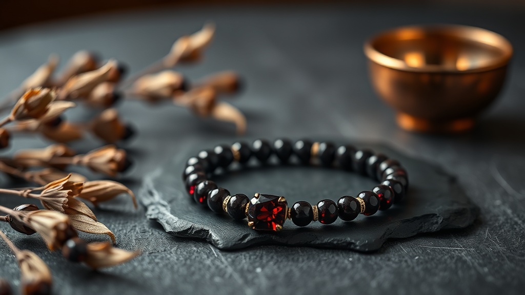 Polished garnet bracelet on dark slate with dried botanicals and a copper bowl
