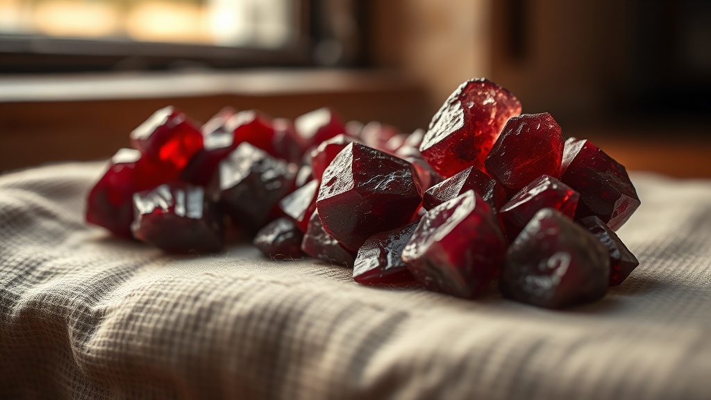 Raw red garnet crystals on aged linen fabric, warm natural light